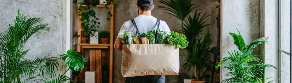 A person carrying groceries inside a naturally decorated room