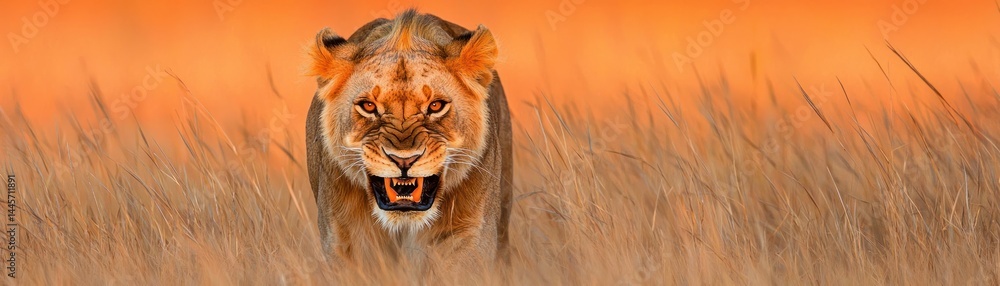 An angry lioness charges forward through tall golden grassy terrain