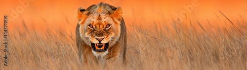 Obraz na płótnie An angry lioness charges forward through tall golden grassy terrain w salonie