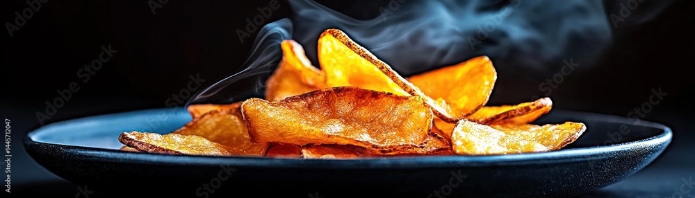 Golden Crispy Potato Wedges Served On A Dark Plate