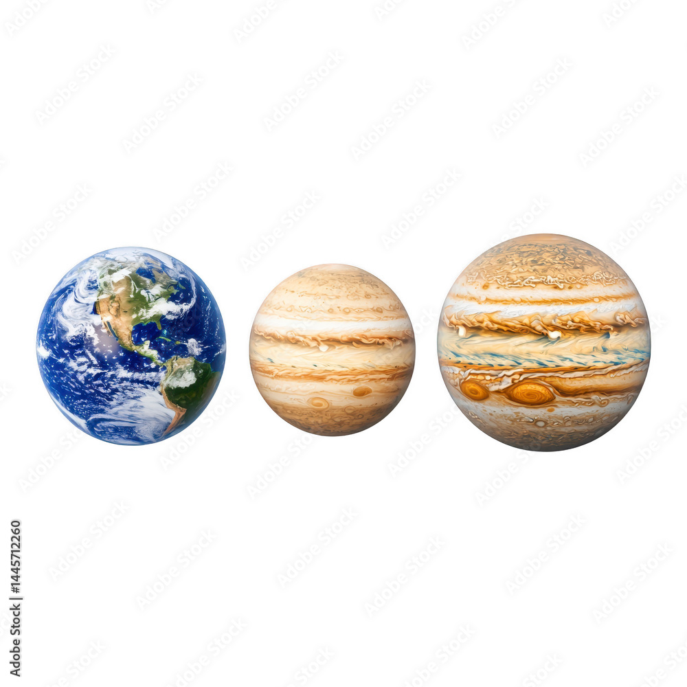 Three planets are shown in size comparison Earth, smaller planet, and larger gas giant with swirling patterns. image highlights vast differences in size and appearance Three planets are shown in size comparison Earth, smaller planet, and larger gas giant with swirling patterns. image highlights vast differences in size and appearance