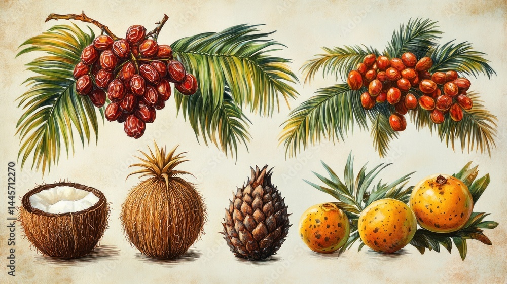 Fototapeta premium Tropical Fruits and Nuts Illustration