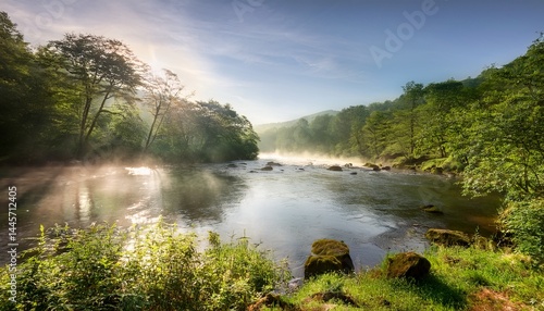 a serene landscape featuring a misty river surrounded by lush trees with soft diffused light creating a tranquil atmosphere