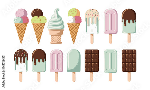 A modern flat vector illustration set of assorted ice creams, easily editable.