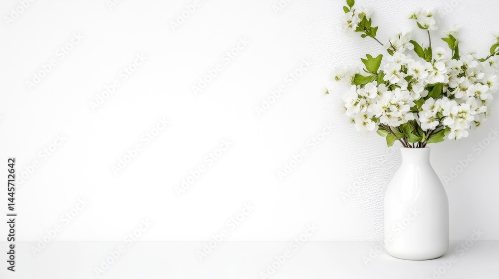A white ceramic vase with blooming white flowers and green leaves on a minimalist white surface, bright and clean interior setting, and natural elegance. A white ceramic vase with blooming white flowers and green leaves on a minimalist white surface, bright and clean interior setting, and natural elegance.