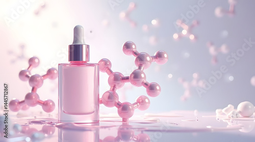 A clear glass dropper bottle with pink serum surrounded by molecular structures, creating a fresh, elegant skincare aesthetic.