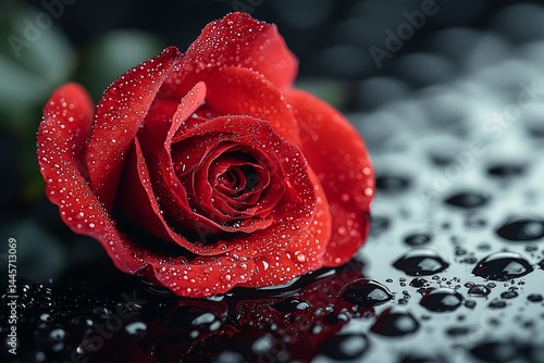 Single red rose on a reflective black surface in a black-and-white photograph, symbolizing enduring love with vibrant petals and water droplets.