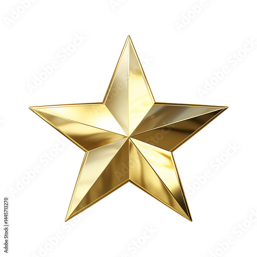 Shiny 3D Golden Star with Metallic Reflection Isolated on Transparent Background,Gold star isolated on transparent background,Gold stars 3d render, gold star png,realistic golden star isolated,Ai