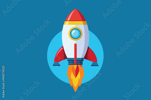 A vibrant cartoon rocket is launching with bright flames from its base, set against a solid blue background that enhances the feeling of movement and excitement.