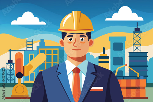 A construction manager wearing a hard hat and business attire stands confidently, overseeing a bustling project site with cranes and equipment under a bright blue sky.