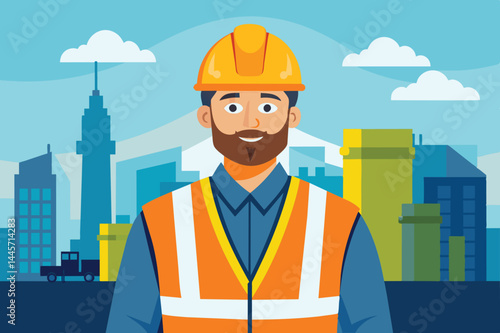 The construction worker smiles while wearing a hard hat and reflective vest. The vibrant city skyline with several buildings creates a lively, active backdrop during the daytime.