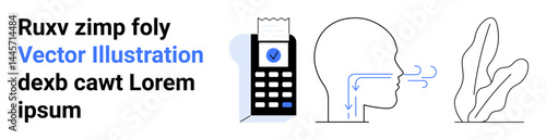 Payment receipt from a terminal, airflow exiting a human profile, and a plant sprout illustrate finance, health, and sustainability. Ideal for fintech, healthcare, eco trends, simple concepts