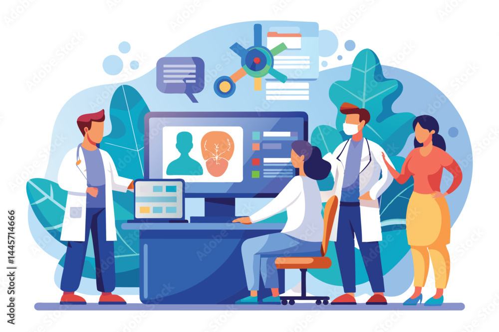 A group of healthcare professionals is collaborating around a computer in a clinic, analyzing patient data and discussing medical insights together. A group of healthcare professionals is collaborating around a computer in a clinic, analyzing patient data and discussing medical insights together.