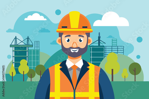 A cheerful construction worker wearing a hard hat and high-visibility vest stands confidently in front of a busy construction site surrounded by trees and blue skies.