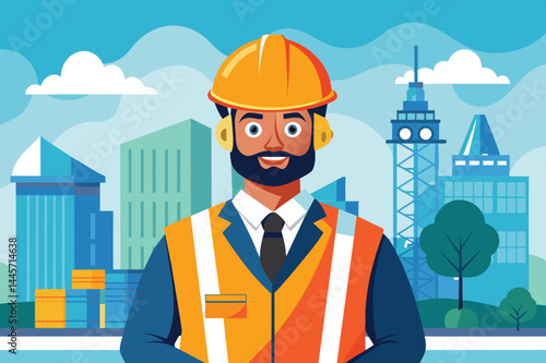 A construction worker in a hard hat and safety vest poses proudly against a vibrant city backdrop, symbolizing dedication to urban development and safety.