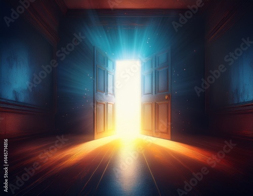 hope amid the gloom concept a bright exit door in dark room the light at the end of the tunnel