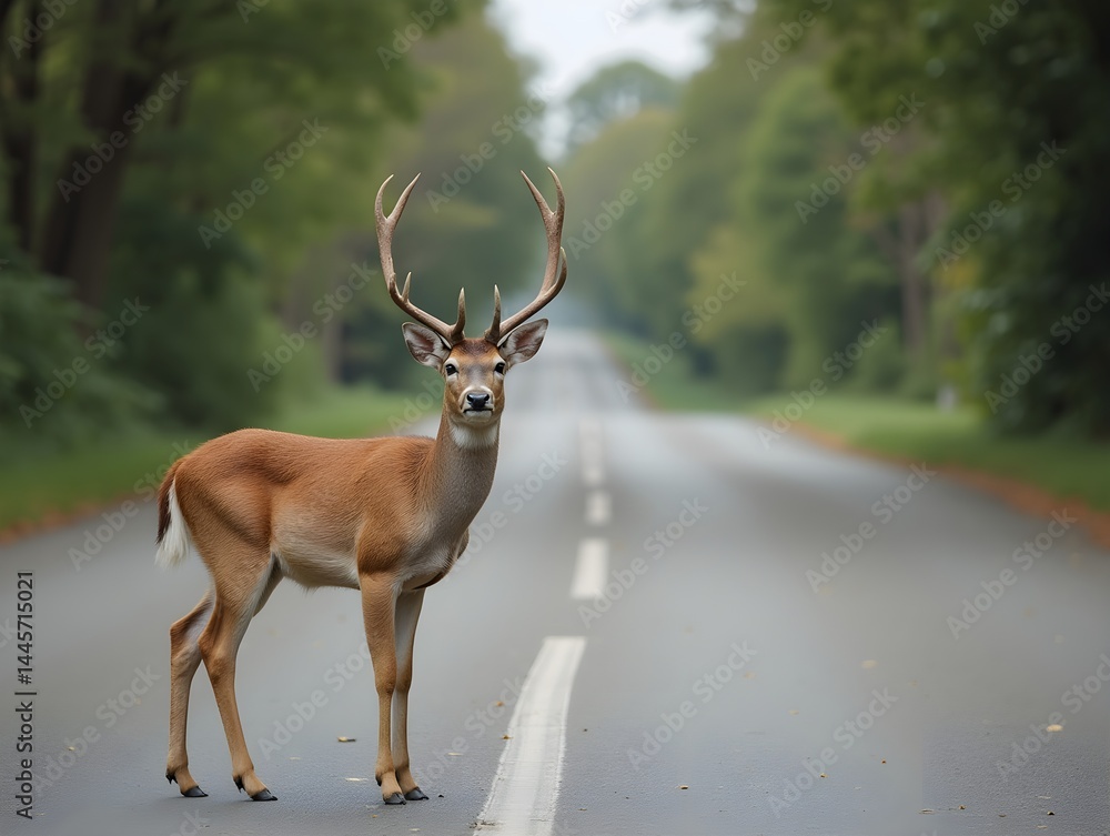 Fototapeta premium A deer is standing in the middle of the road