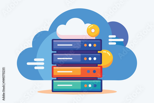 A group of colorful cloud storage servers is arranged in a stack, featuring various shades and buttons, against a light blue background with playful cloud accents.