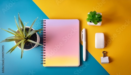 colorful desk with notebook key takeaways white pen plant and eraser