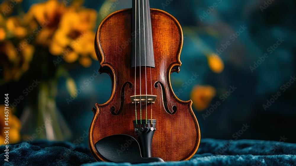 Detailed Close Up Of A Brown Wooden Violin On Blue Velvet With Yellow Flowers In The Background Detailed Close Up Of A Brown Wooden Violin On Blue Velvet With Yellow Flowers In The Background