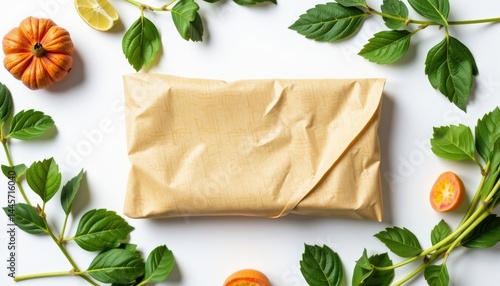 One reusable beeswax food wrap folded neatly in a rectangular form, centered on a white background (RGB 255,255,255)