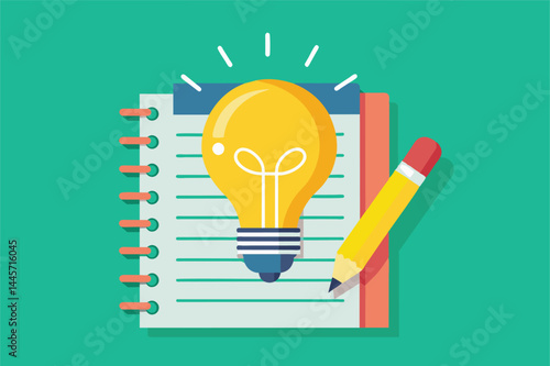 A bright light bulb hovers over a notepad with a pencil beside it, representing the spark of creativity and inspiration during brainstorming activities.