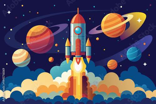A rocket ascends into the cosmos, leaving a trail of flames, while colorful planets and swirling clouds create a mesmerizing celestial backdrop.