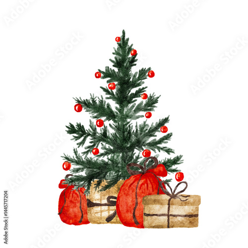Watercolor Christmas tree with gifts and decorations in festive spirit. Vector illustration