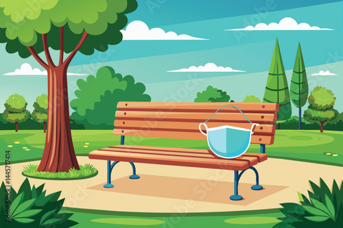 A park bench sits peacefully beneath a large tree, with a face mask placed on it. The bright sunny day highlights the vibrant green surroundings.