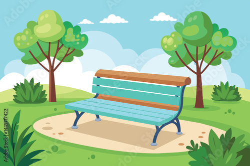 A colorful bench situated on a circular path is nestled in a lush park, surrounded by verdant trees and vibrant shrubs against a bright blue sky.