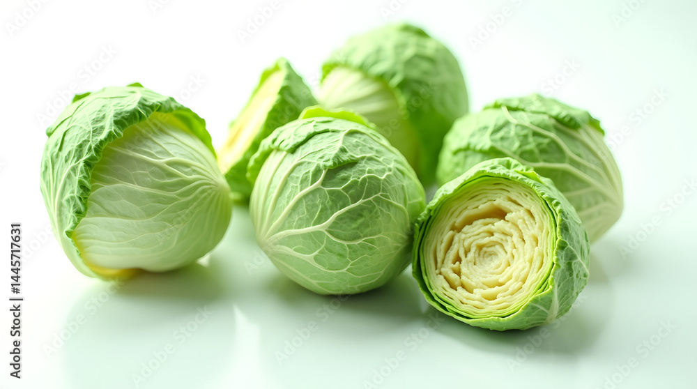 Fototapeta premium Fresh green cabbage heads arranged artistically on a light background, showcasing their vibrant colors and textures.