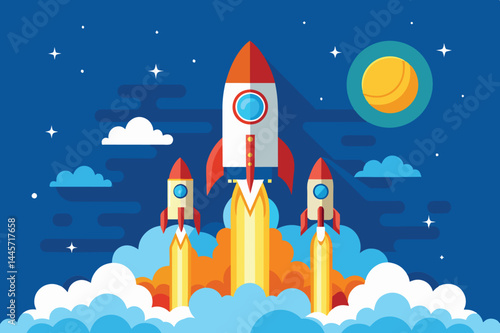 Three vibrant rockets are taking off into space, leaving bright trails of fire amid fluffy clouds. A yellow planet shines prominently in the night sky.