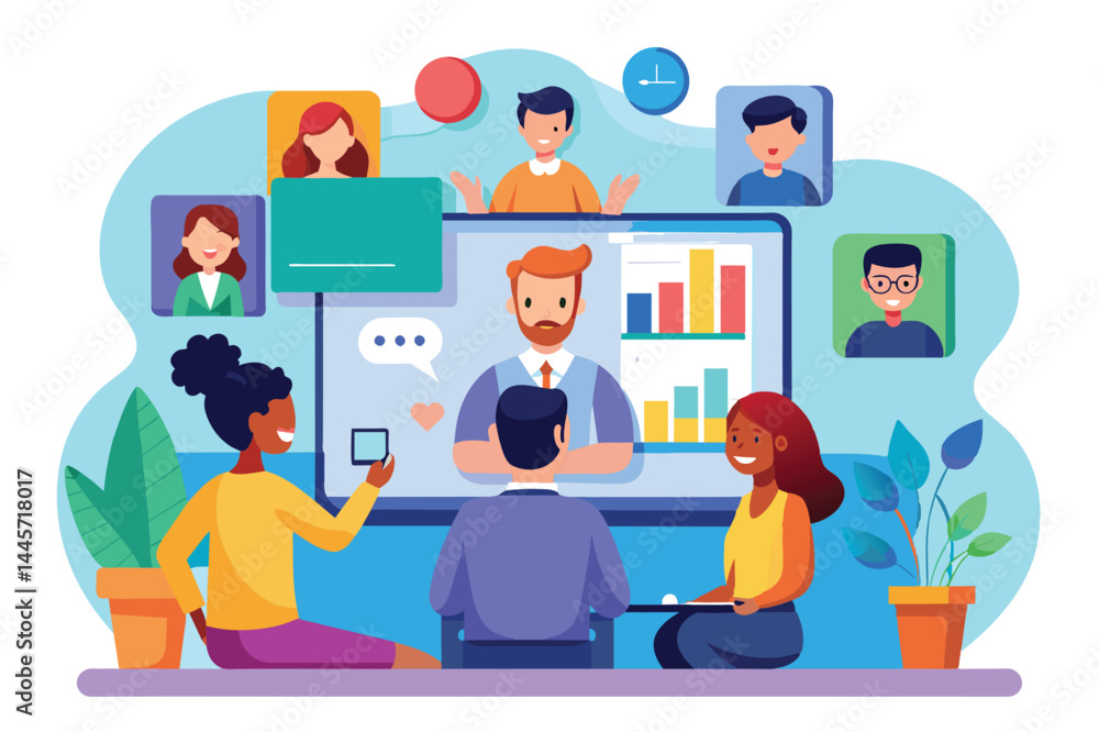 A diverse group actively participates in a virtual meeting, interacting with a presenter on a large screen, showcasing important charts and information. A diverse group actively participates in a virtual meeting, interacting with a presenter on a large screen, showcasing important charts and information.