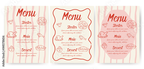 Set of Christmas vintage menu card design. Hand drawn Christmas food items. Minimalist menu design in cute doodle style for holiday parties, dinner events, seasonal menus.