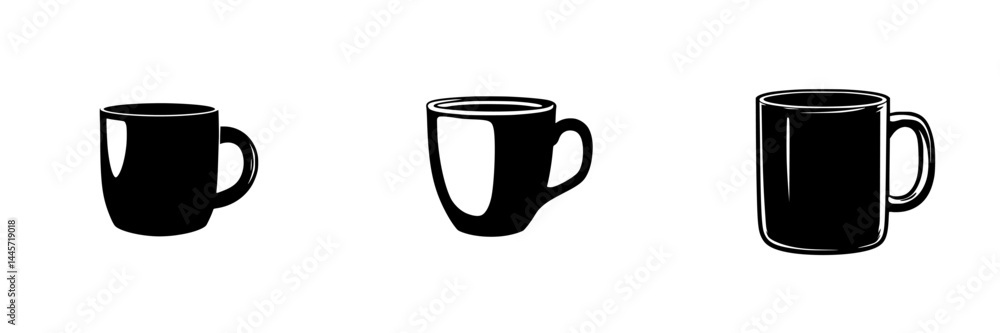 Stylized vector illustration of three coffee cups in black and white design showcasing varying shapes and details Stylized vector illustration of three coffee cups in black and white design showcasing varying shapes and details