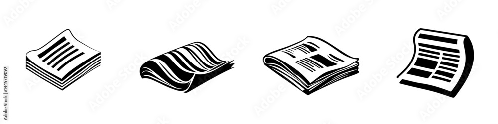 Smooth vector illustration icons depicting various states of folded newspapers in black and white style Smooth vector illustration icons depicting various states of folded newspapers in black and white style