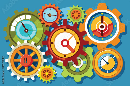 A vibrant collection of gears and clock mechanisms showcases various sizes and colors, demonstrating the complexity of machinery in a visually engaging way