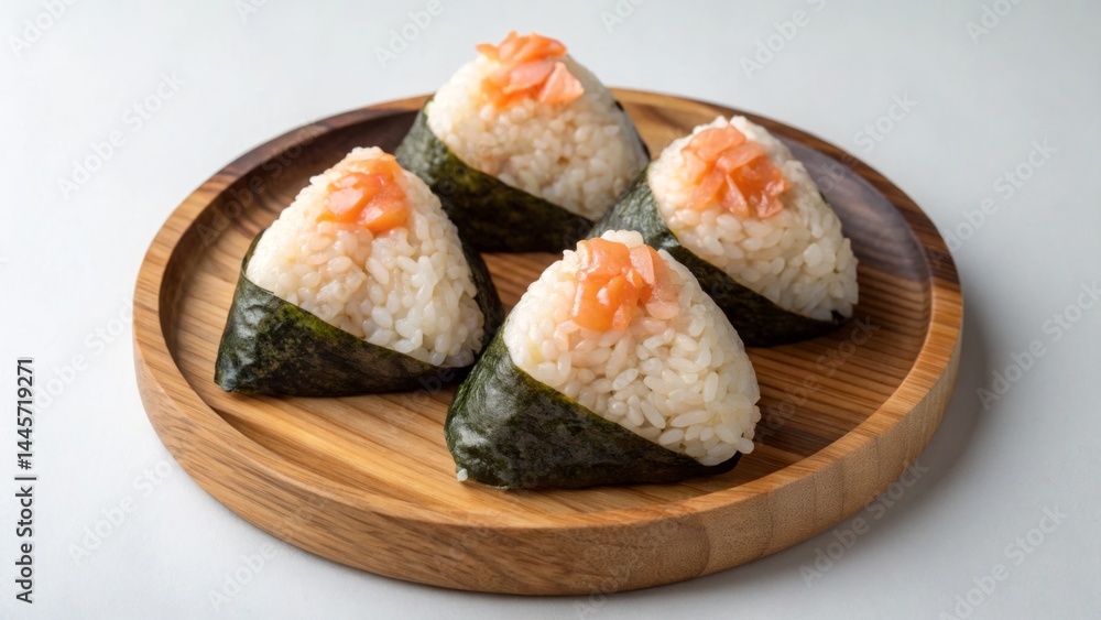 Four triangular onigiri are arranged on a circular wooden plate, topped with pieces of salmon. The rice is perfectly molded and wrapped in seaweed, creating an appetizing display