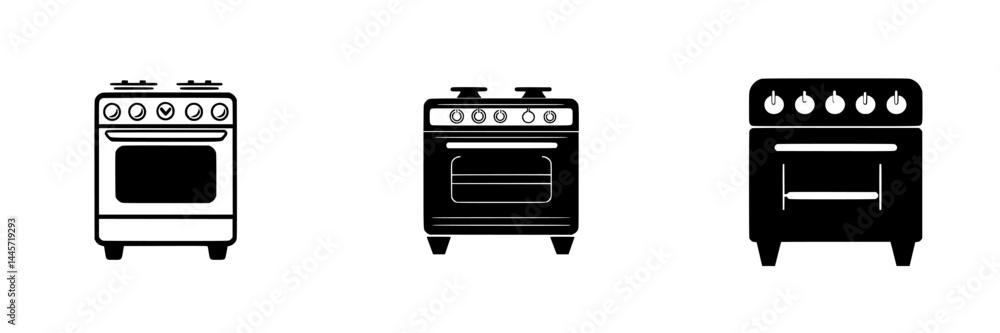 Collection of vector illustrations showcasing black and white stove designs for kitchen decor and appliance concepts Collection of vector illustrations showcasing black and white stove designs for kitchen decor and appliance concepts