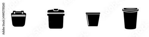 Various black and white vector icons of trash bins and containers for waste management and disposal