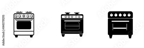 Collection of vector illustrations showcasing black and white stove designs for kitchen decor and appliance concepts