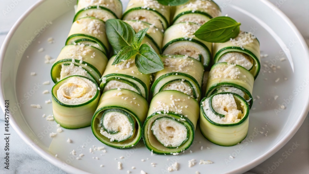 Delicious zucchini rolls filled with a creamy mixture are artfully arranged on a white plate. Fresh basil garnishes the dish, enhancing its visual appeal in a bright kitchen ambiance