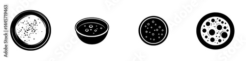 Vector illustration of various simple circular icons representing different types of sauces or dips in black and white style