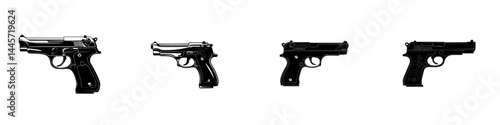 Vector illustration of four different handgun designs in black and white showcasing various styles and sizes