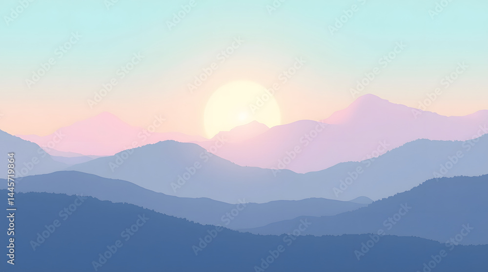 Serene landscape of rolling mountains bathed in soft pastel colors at sunrise. Serene landscape of rolling mountains bathed in soft pastel colors at sunrise.
