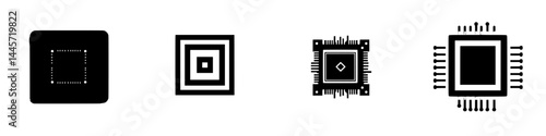 Vector illustration featuring black and white icons of computer chips and microprocessors in a clean design