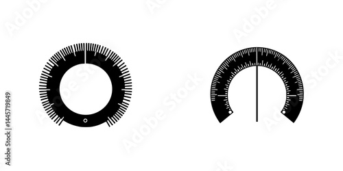 Vector illustration of black and white protractors showing degrees and measurements for educational and design purposes
