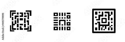 Black and white vector illustration of three different QR codes designed for digital scanning and information retrieval