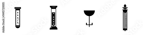 Vector illustration of laboratory glassware including test tubes, measuring cylinders, and beakers in black and white design for scientific use