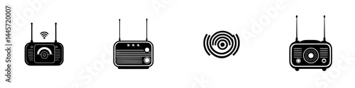 Vector illustration of various radio icons in black and white depicting different styles and designs, suitable for digital use
